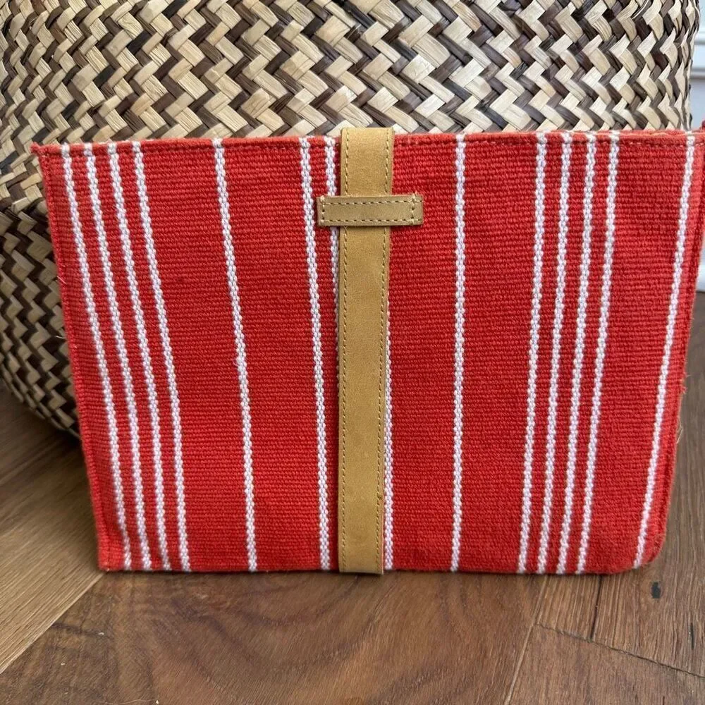 Woven Hand Woven Cotton Textile Orange White Stripe Hand Bag Clutch Purse